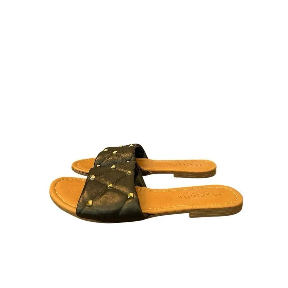 Mariella Womens Size 9 Black Gold Studded Slide Quilted Flat Sandals Italy